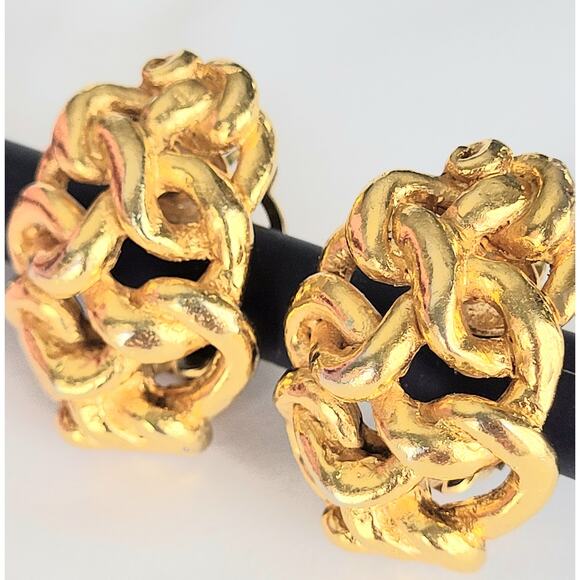 Sonia Rykiel Gold Earrings Chunky Clip-On Signed Vintage Mid Century Modern MCM - Picture 9 of 11
